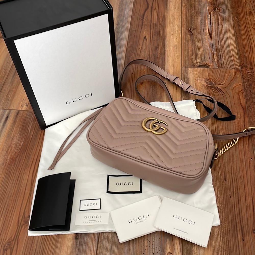 Gucci Pink Beige GG Marmont Quilted Leather Camera Bag
